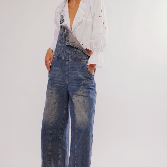 One Teaspoon Blue Denim cropped Wide Leg Overalls - Picture 5 of 7